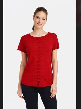Cable & Gauge Red Knit Top L Lattice Criss Cross Stretch Scoop Neck Retro Boho